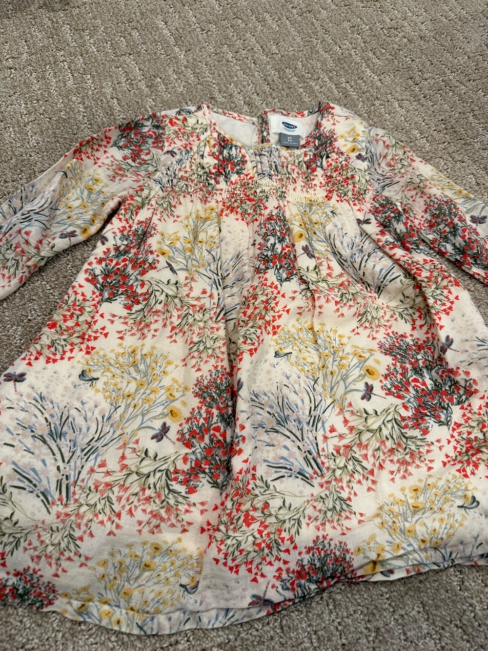 Old Navy Cream Floral Smocked Toddler Dress with Red & Yellow Blooms
